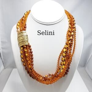 Vintage Selini Faux Amber Lucite Multi Strand Necklace Gold Hook Clasp